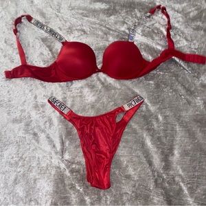 Red VS 2-cup bombshell bra and Brazilian thong
